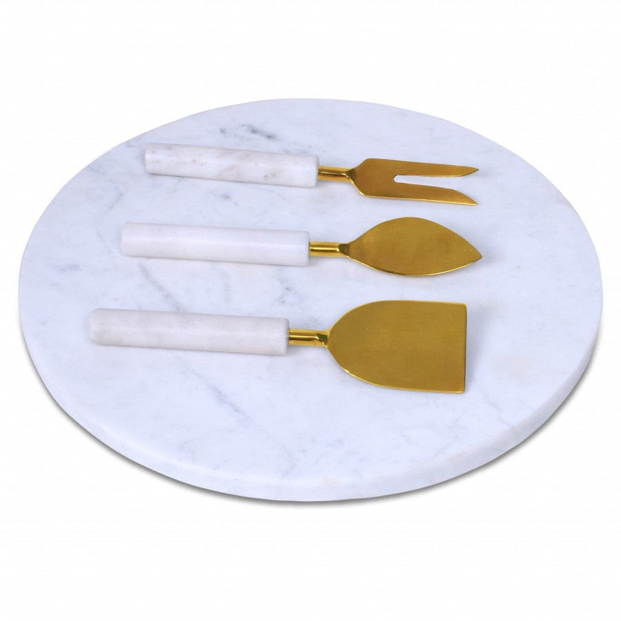 Homeroots Kitchen & Dining Wade 12" Round White Marble Cheese Board and Knife Set