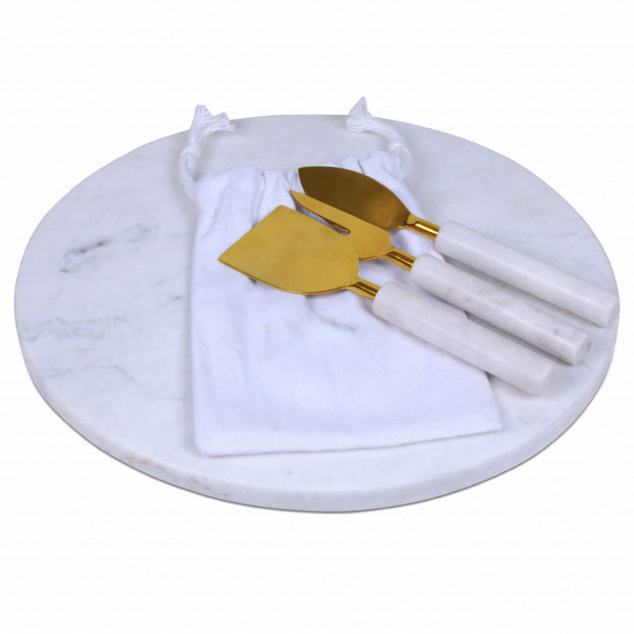 Homeroots Kitchen & Dining Wade 12" Round White Marble Cheese Board and Knife Set