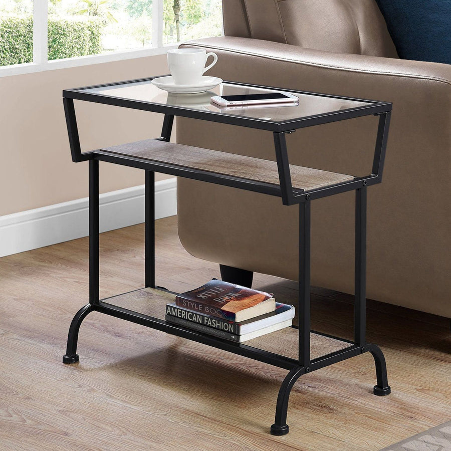 Homeroots Living Room Dash 2-Tier Glass End Table with Storage and Shelf