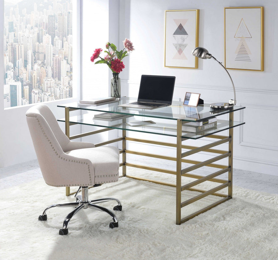 Homeroots Office Demi Multi-Tier Glass Desk with Storage